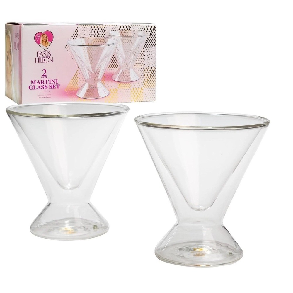 Paris Hilton 2-Piece Martini Glass Set Clear Double Wall 7-Oz Stemless NIB